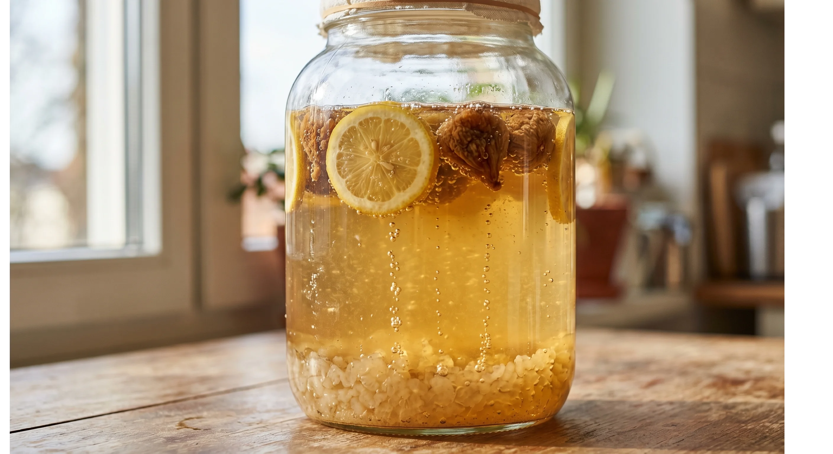 Bocal de kéfir en fermentation avec citron et figues