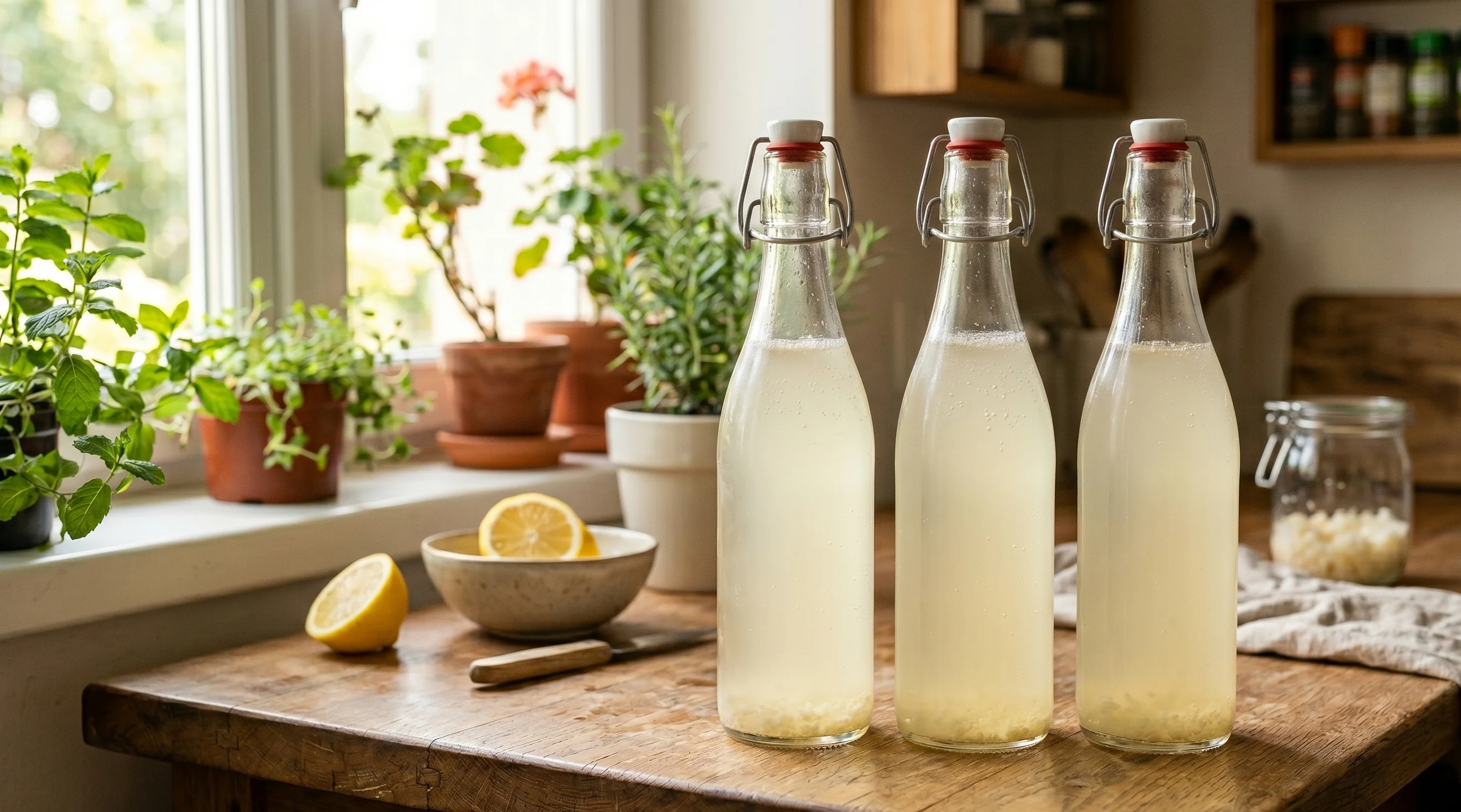 Bouteilles de kéfir en seconde fermentation