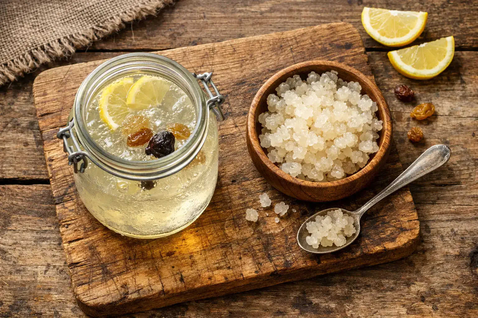 Grains de kéfir d'eau avec bocal, citron et cuillère
